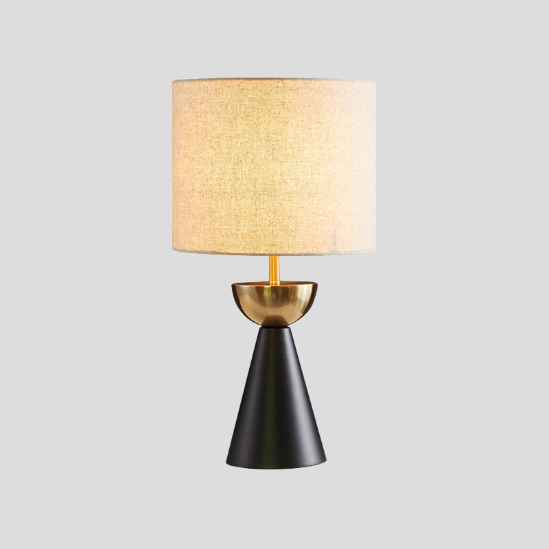 Cylinder Fabric Night Table Light Modern 1 Bulb White/Flaxen Nightstand Lamp with Black Cone Base