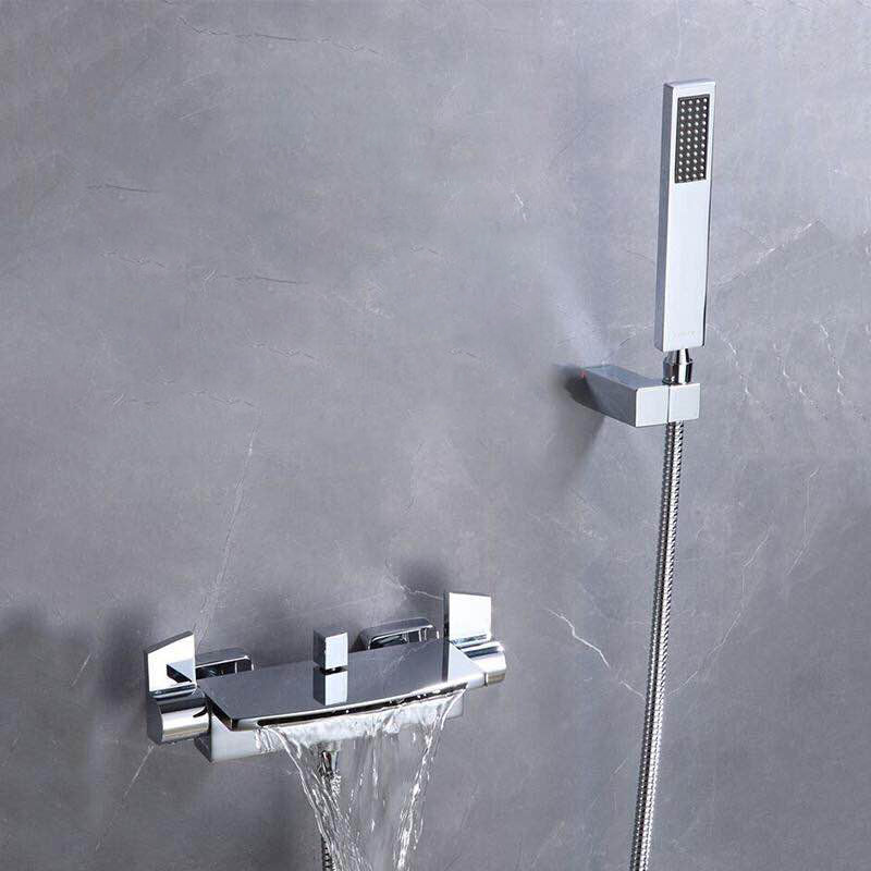 Waterfall Spout Tub Filler Handshower Lever Handle Wall-Mounted Shower Hose Tub Faucet