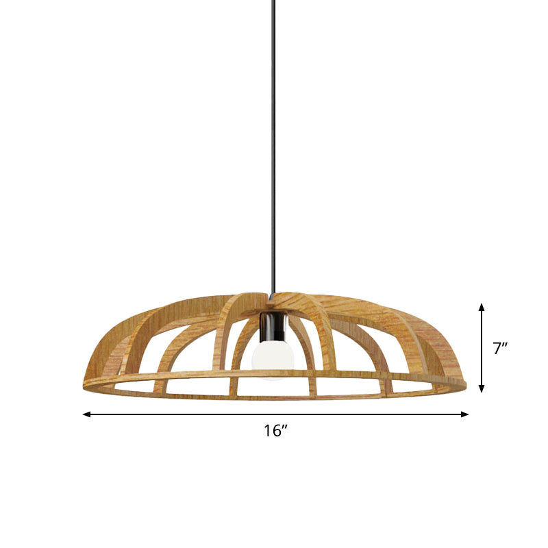 Flat Bowl Frame Hallway Suspension Light Wood 1 Bulb Asian Style Beige Ceiling Pendant Light
