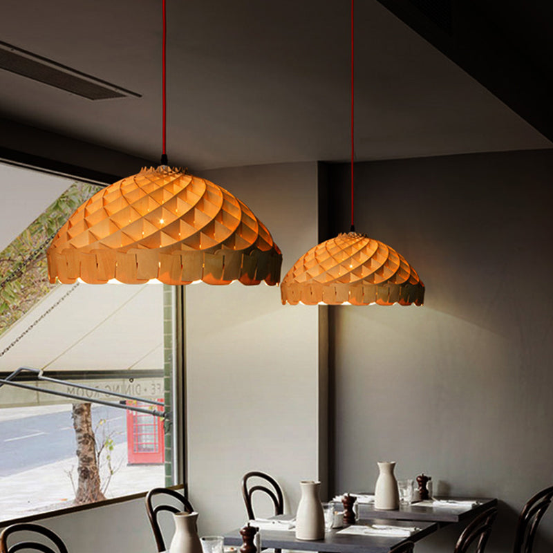 Dome Restaurant Pendant Wood 1-Light Asian LED Suspension Lamp with Hand Woven Design