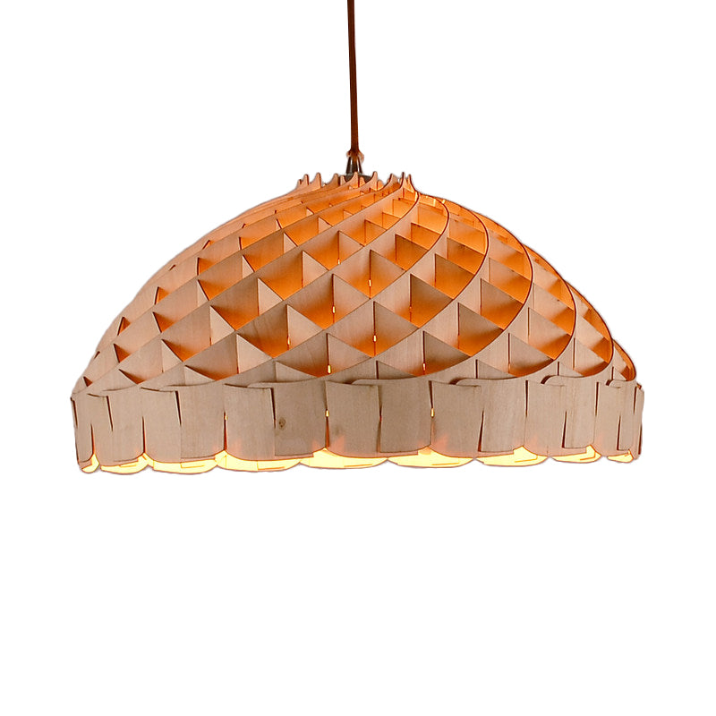 Dome Restaurant Pendant Wood 1-Light Asian LED Suspension Lamp with Hand Woven Design