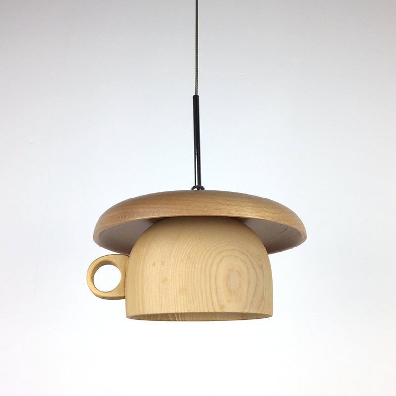 Wood Coffee-Cup Drop Pendant Light Modernist 1-Bulb LED Beige Ceiling Hang Fixture