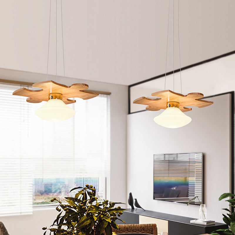 Suspension de puzzle en bois en bois Light Modern 1 Light Hanging Lamp Kit avec ombre en verre à la crème de champignons