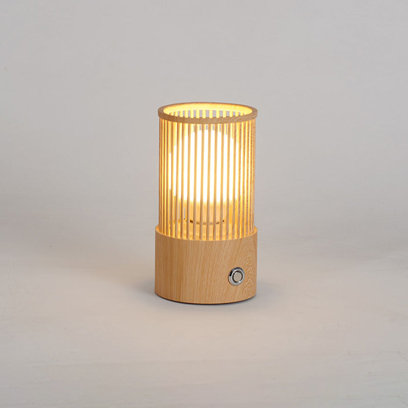 Beige Tubular Cage Desk Light Minimalist 1 Light Wood Table Lamp for Coffee Shop