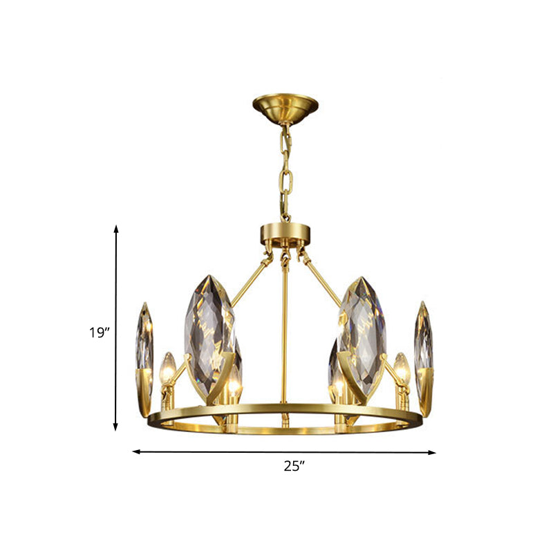 6/8 Glühbirnen Wohnzimmer Hanges Licht Kit Moderne Goldring Kronleuchter Lampenlampe mit ovalem Kristallschatten
