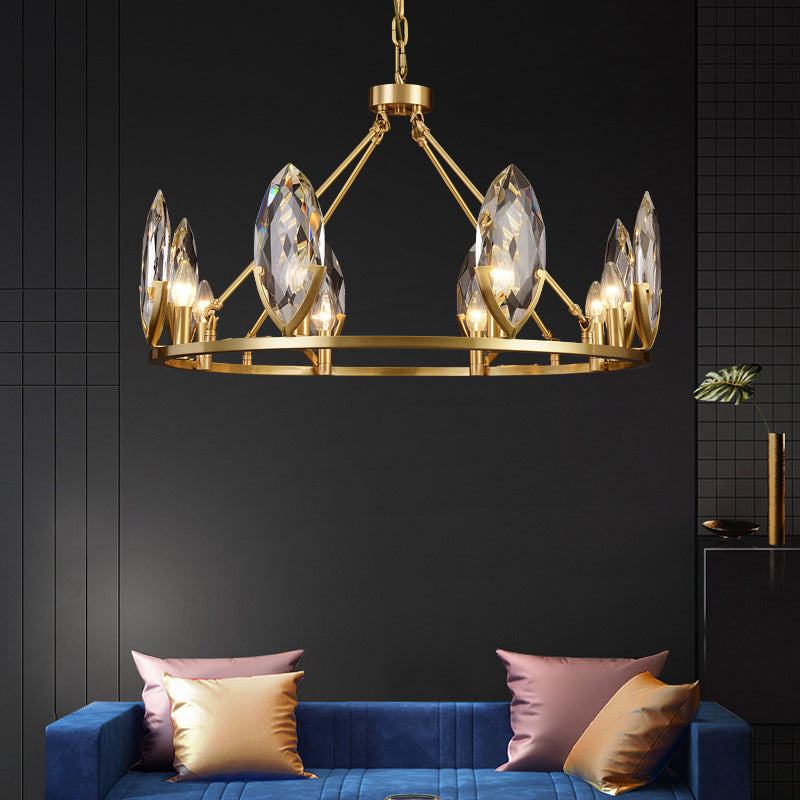 6/8 Glühbirnen Wohnzimmer Hanges Licht Kit Moderne Goldring Kronleuchter Lampenlampe mit ovalem Kristallschatten