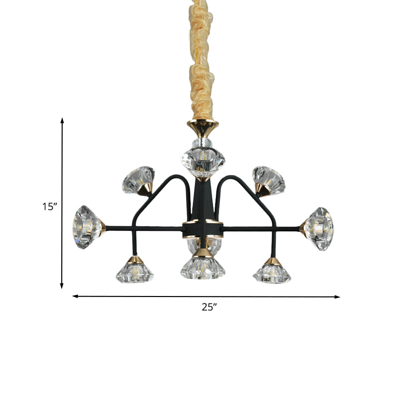 Sputnik Bedroom Chandelier Lamp Modern Metal 9 Bulbs Black Pendant Light with Diamond Crystal Shade