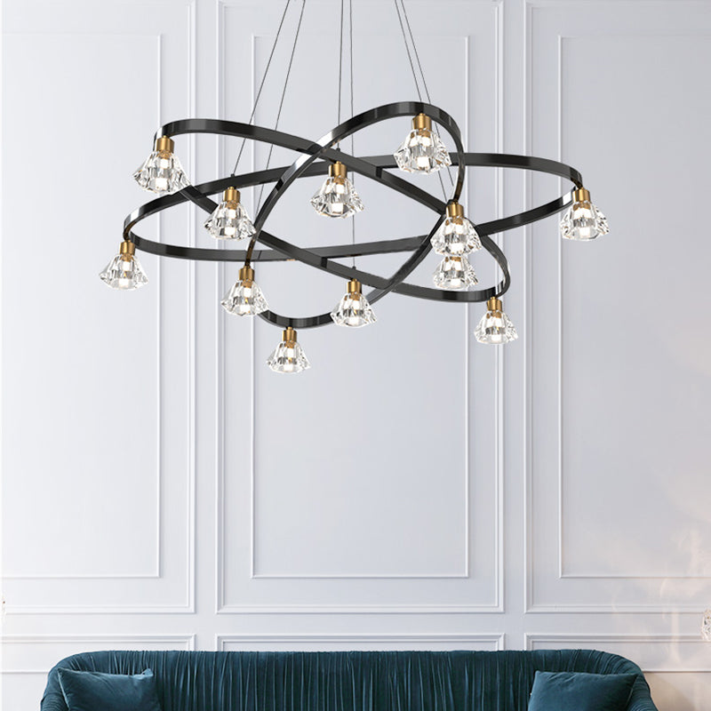 Black 12 bulbes lampe de lustre étoile en métal moderne Lumière suspendue avec une nuance de cristal clair diamant