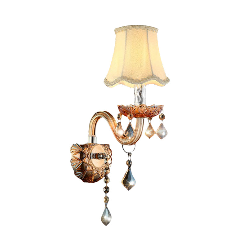 Beige 1 Bulb Wall Light Traditional Fabric Scalloped Wall Sconce with Clear Crystal Drop and Curved Glass Arm