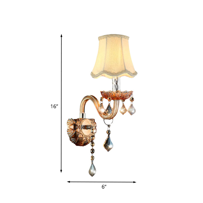 Beige 1 Bulb Wall Light Traditional Fabric Scalloped Wall Sconce with Clear Crystal Drop and Curved Glass Arm