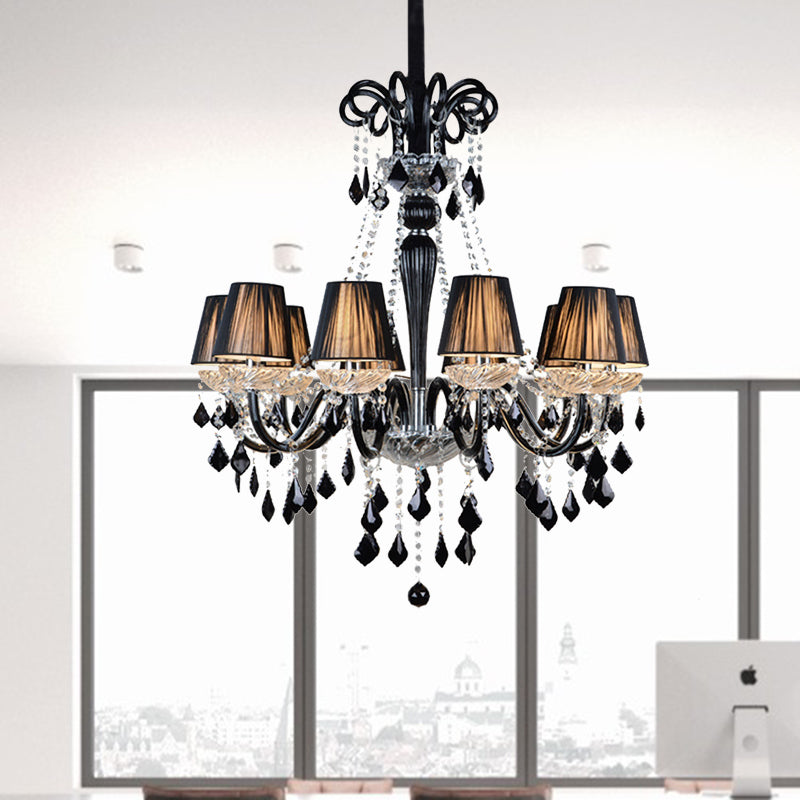 Lampe à lustre conique traditionnelle 10 bulbes de plafond tissu avec un cristal noir et un bras en verre transparent