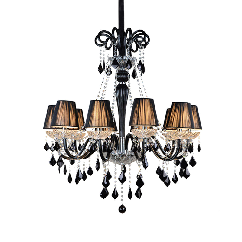 Lampe à lustre conique traditionnelle 10 bulbes de plafond tissu avec un cristal noir et un bras en verre transparent