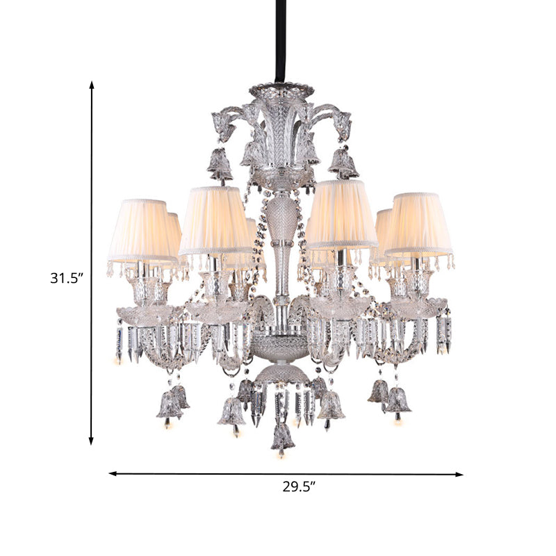 Pleated Shade Fabric Chandelier Antique 8-Bulb Living Room Pendant in White with Curvy Glass Arm and Crystal Drop