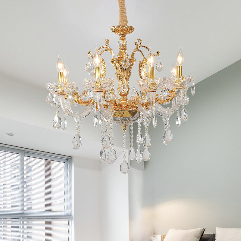 8-Head Candle Pendant Chandelier Traditionalism Gold Clear Crystal Glass Hanging Light Fixture