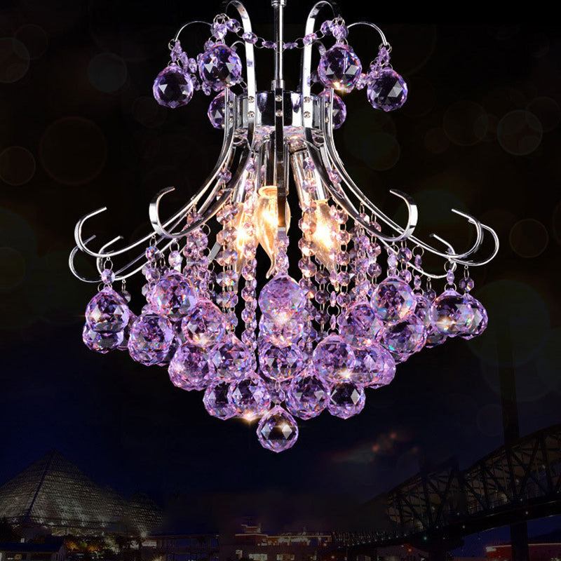 3 bulbes de lustre pendant léger traditionaliste de goutte de pluie traditionaliste violette / rouge à facettes en cristal l'éclairage en chrome