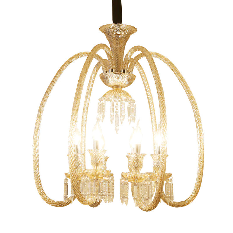 6/8 cabezas de lámpara colgante colgante de sala de estar antiguo con brazo de vidrio de coñac curvado y caída de cristal transparente