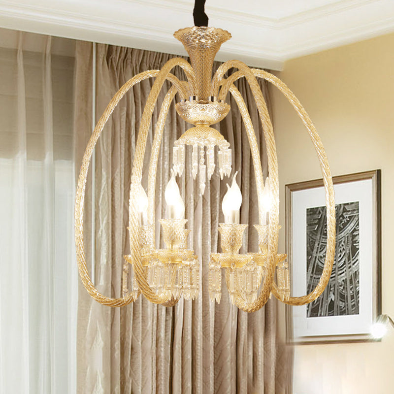 6/8 cabezas de lámpara colgante colgante de sala de estar antiguo con brazo de vidrio de coñac curvado y caída de cristal transparente