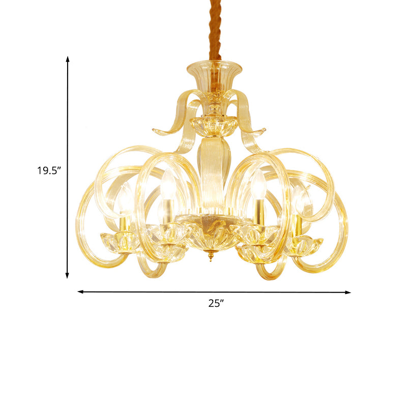 Amber Glass Candle Chandelier Light Traditional 6-Bulb Living Room Hanging Lamp with Curved Arm