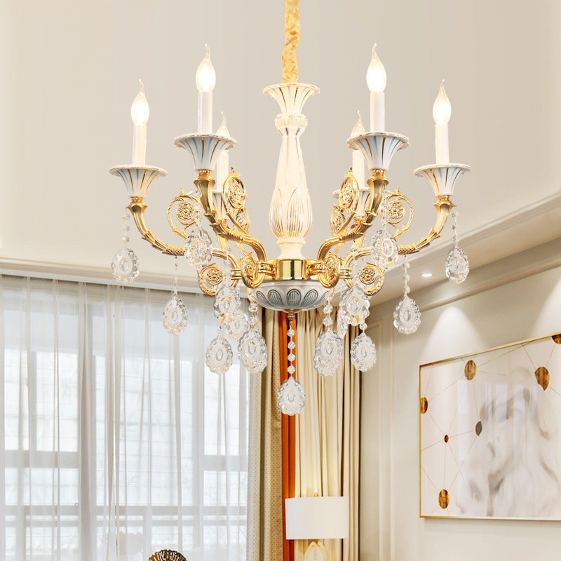 Lampada lampadario a candela oro tradizionale Crystal 6 teste Luce da soffitto camera da letto con pilastro in ceramica e braccio scolpito