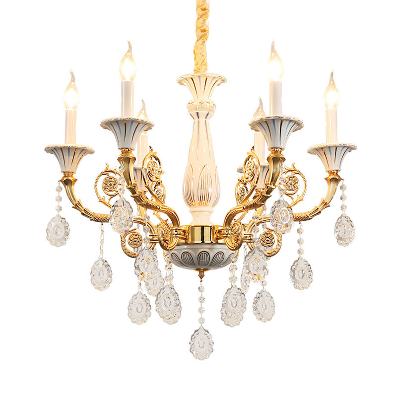 Gold Candle Chandelier Lamp Traditional Crystal 6 Heads Bedroom Ceiling Light with Ceramic Pillar and Carved Arm