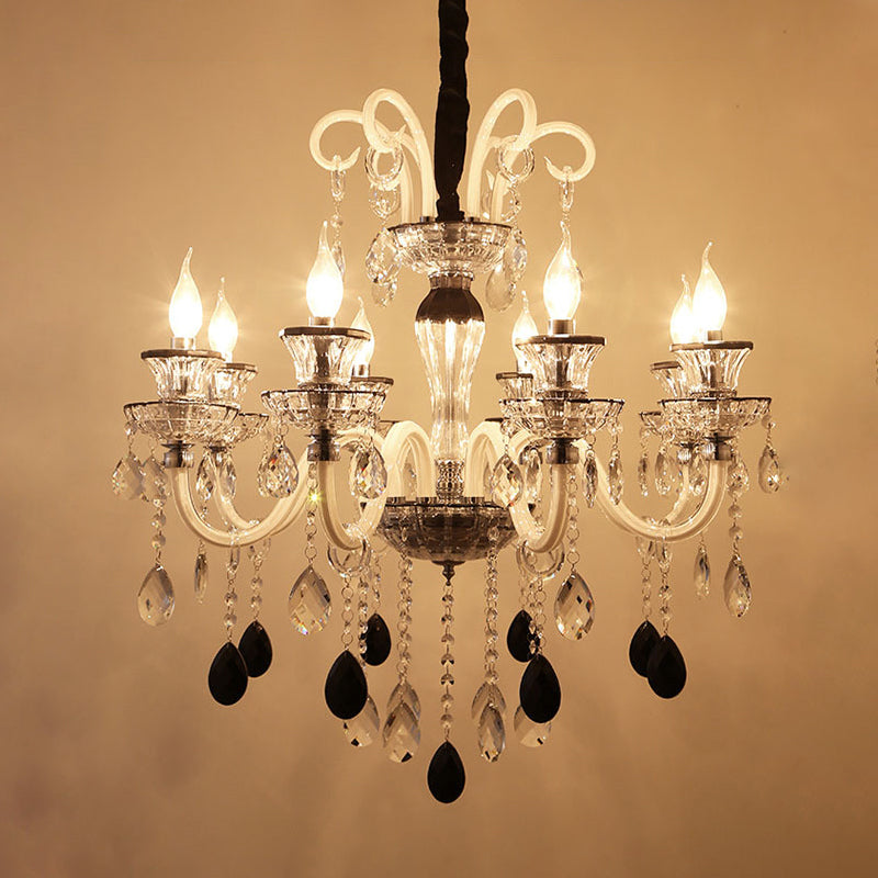 Vintage Candlestick Chandelier Lighting 10 Lights Clear and Black Crystal Pendant with Swooping Glass Arm