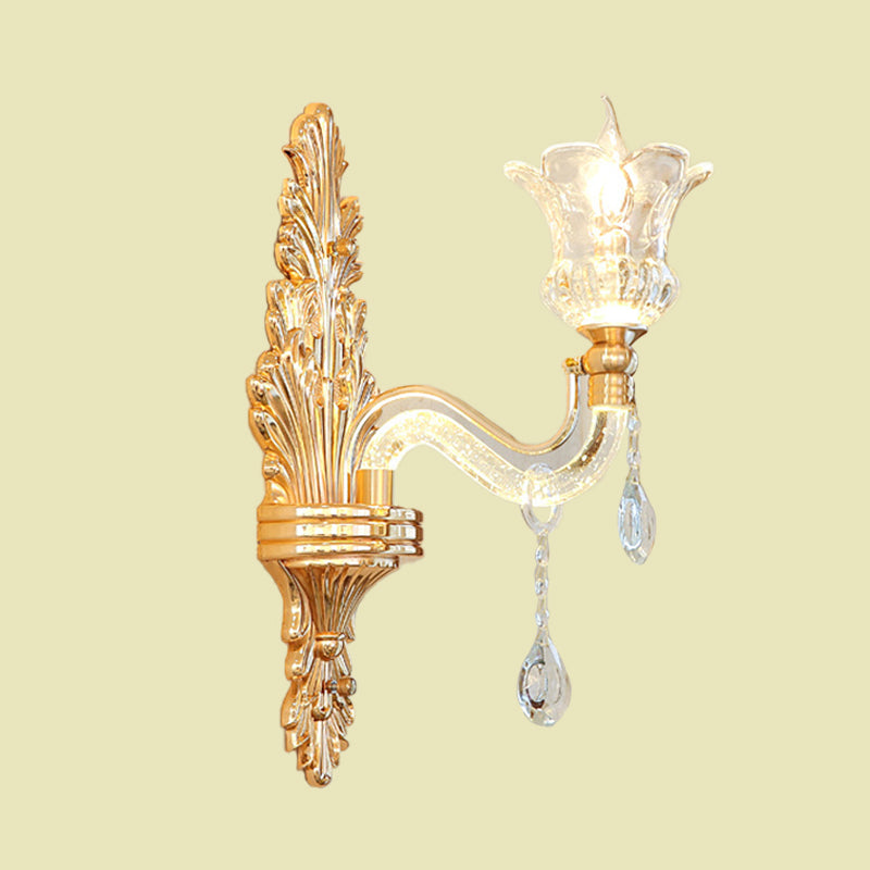 Clear Glass Gold Sconce Light Flower 1/2-Bulb Traditional Wall Mounted Lamp with Bubble Crystal Luminous Arm