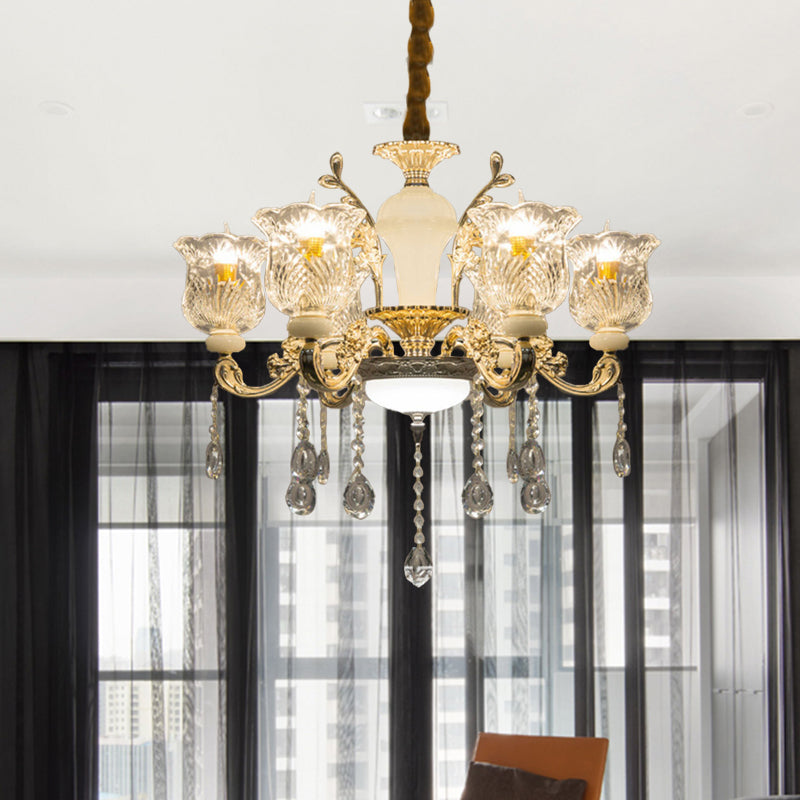 Antique lampadario a pendente floreale 6 luci a soffitto in vetro trasparente in oro con cristallo penzolante