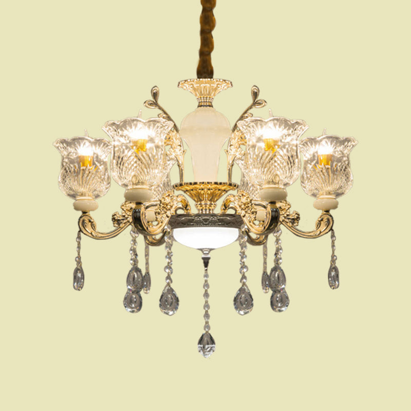 Antique lampadario a pendente floreale 6 luci a soffitto in vetro trasparente in oro con cristallo penzolante