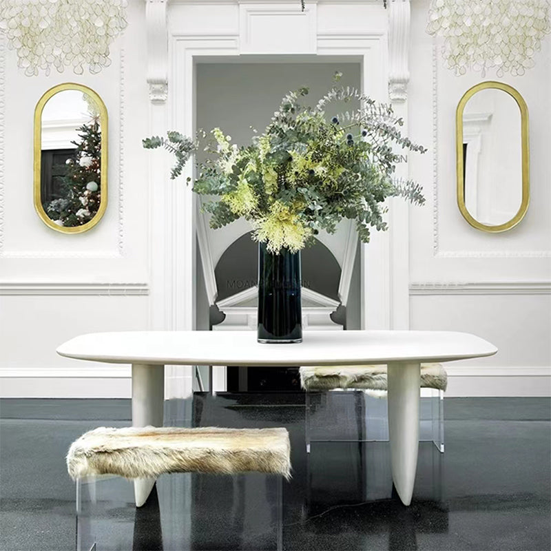 Rectangle White Indoor Dining Table Modern Dinette Table with Double Pedestal