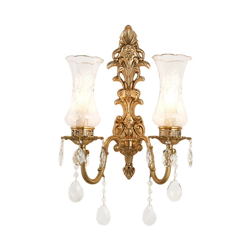 Clear Glass Vase Wall Sconce Light Vintage 2 Bulbs Living Room Wall Lamp in Brass with Dangling Crystal