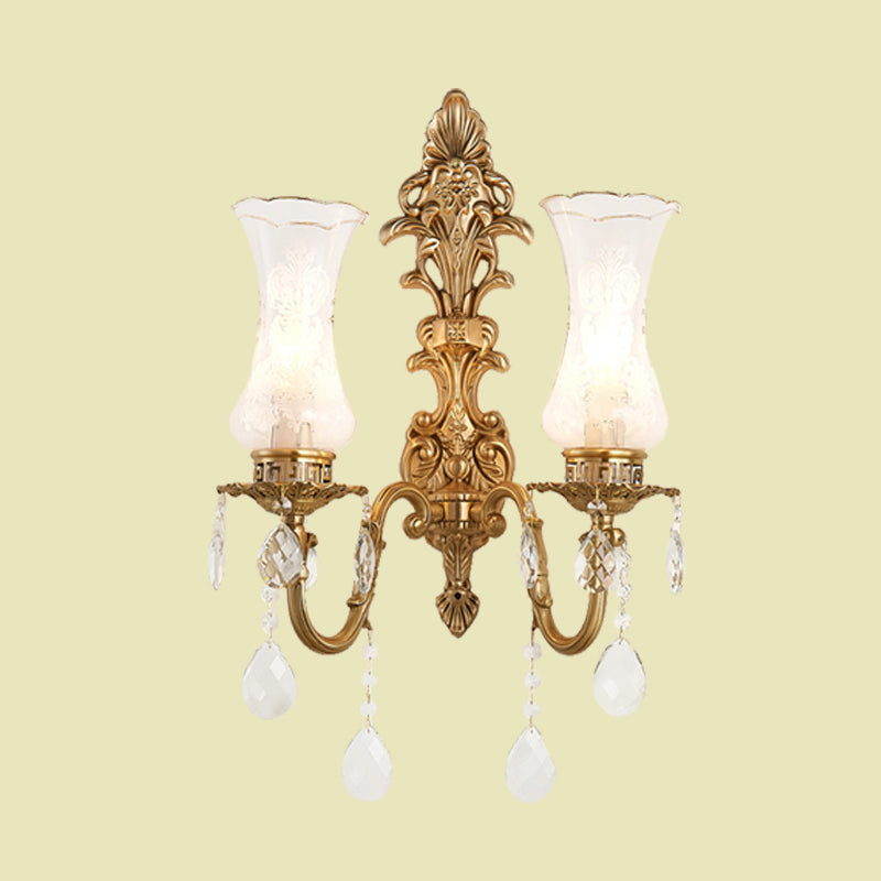 Clear Glass Vase Wall Sconce Light Vintage 2 Bulbs Living Room Wall Lamp in Brass with Dangling Crystal