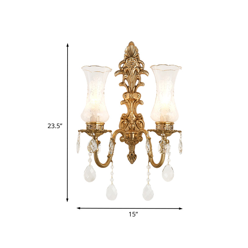 Clear Glass Vase Wall Sconce Light Vintage 2 Bulbs Living Room Wall Lamp in Brass with Dangling Crystal