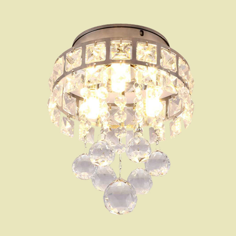 Silver 3 Lights Flush Mount Lamp Modernism Clear Crystal Ball Circular Close to Ceiling Lighting