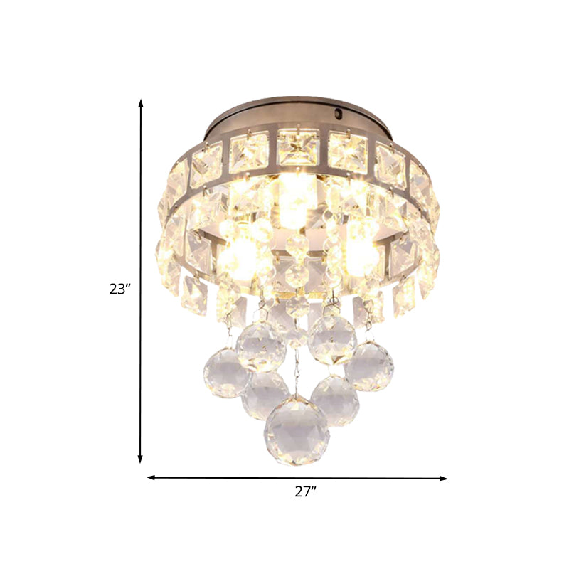 Silver 3 Lights Flush Mount Lamp Modernism Clear Crystal Ball Circular Close to Ceiling Lighting