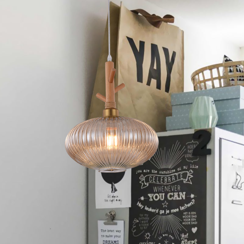 Amber Prismatic Glass Oval Pendant moderne 1 lampe de suspension de bulbe avec capuchon de branche en bois
