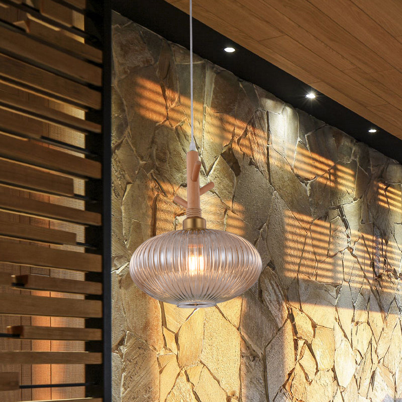 Amber Prismatic Glass Oval Pendant moderne 1 lampe de suspension de bulbe avec capuchon de branche en bois