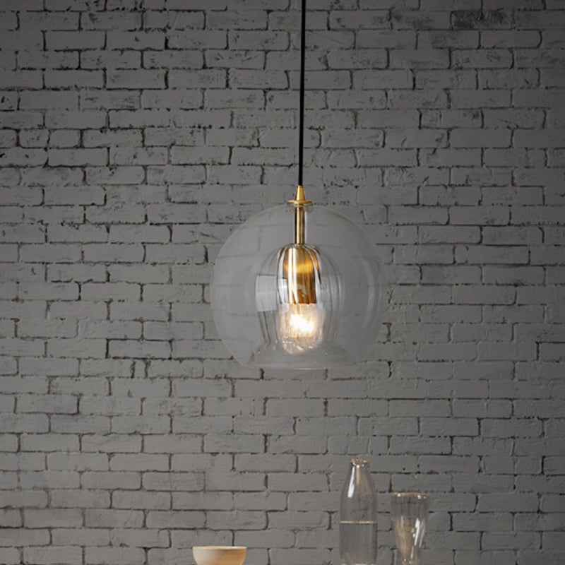 Global Clear Glass Mini Hanging Light Postmodern 1 Light Brass Suspension Lamp, 6"/10" Wide