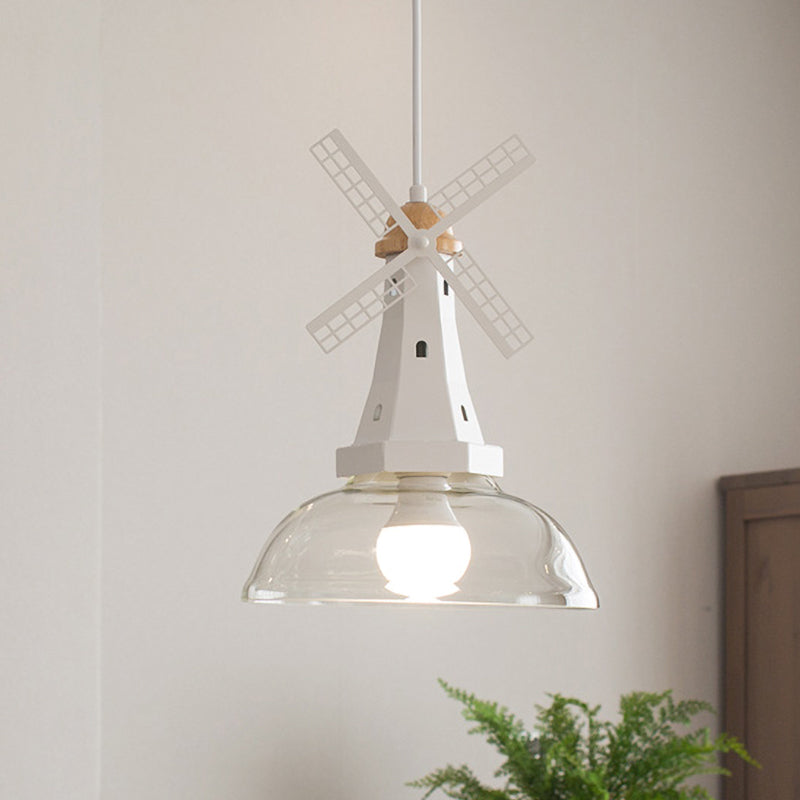Windmill Ceiling Lighting Designer 1 Head Iron White/Black Hanging Lamp Fixture with Bowl Clear Glass Shade