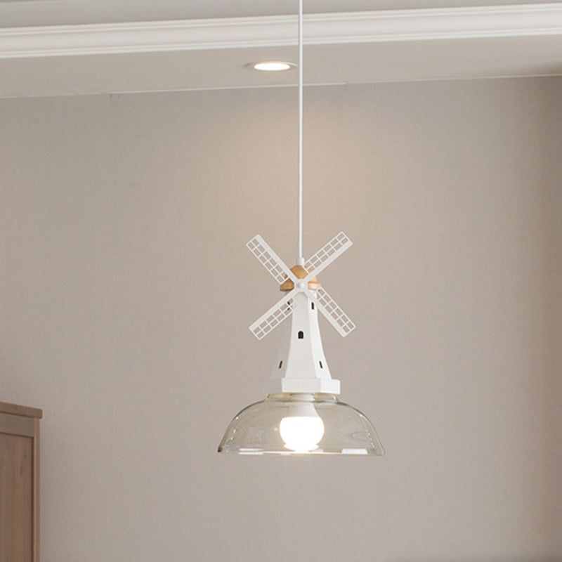 Windmill Ceiling Lighting Designer 1 Head Iron White/Black Hanging Lamp Fixture with Bowl Clear Glass Shade