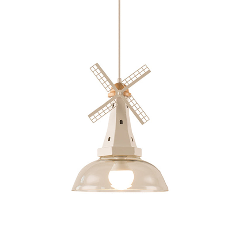 Windmill Ceiling Lighting Designer 1 Head Iron White/Black Hanging Lamp Fixture with Bowl Clear Glass Shade