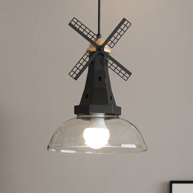 Windmill Ceiling Lighting Designer 1 Head Iron White/Black Hanging Lamp Fixture with Bowl Clear Glass Shade