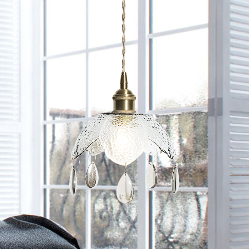 Brass Scalloped Bowl Hanging Lighting Vintage 1 Bulb Clear/Smoke Gray Water Glass Suspended Pendant Lamp