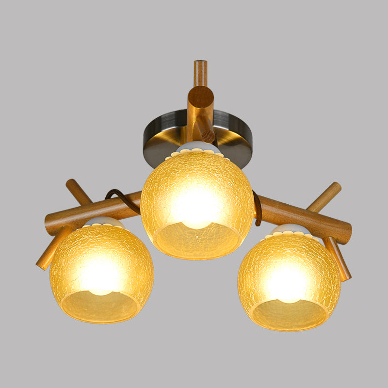 Beige Cracked Glass Orb Semi Flush Monte Modernismo 3 Cabeza cerca de la iluminación del techo con brazo de rama de madera