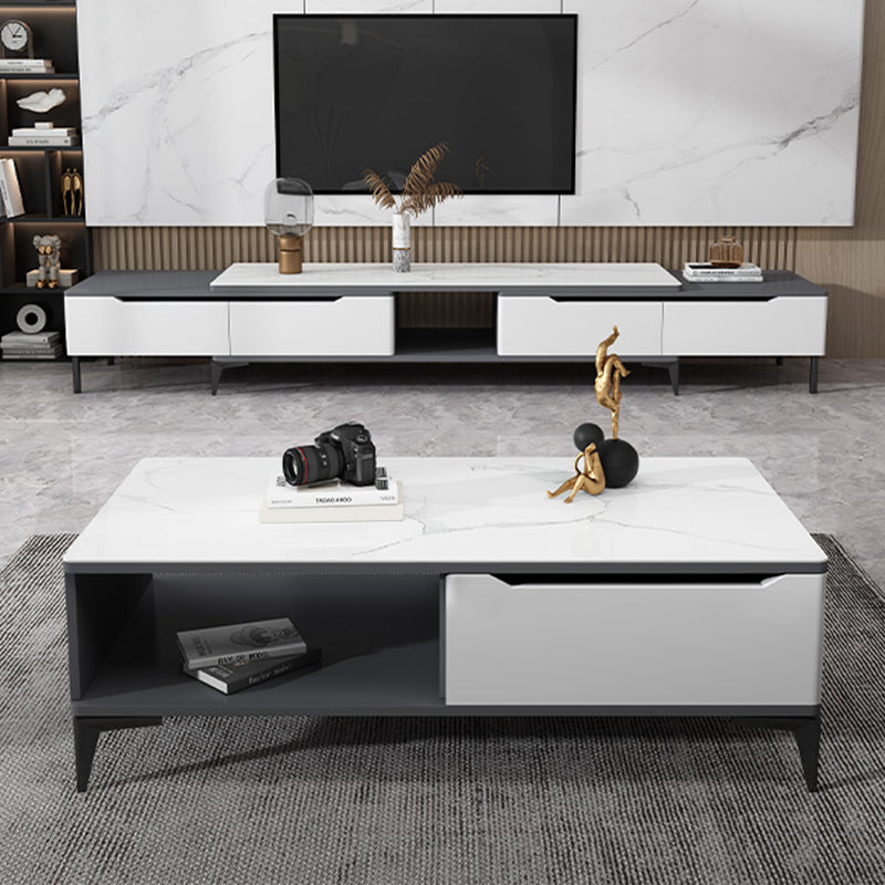 Stone 4 Legs Cocktail Table Rectangle Single Coffee Table with Drawer