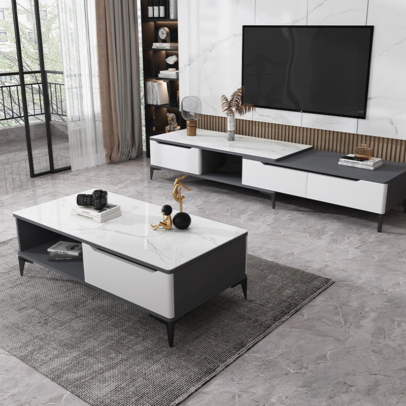 Stone 4 Legs Cocktail Table Rectangle Single Coffee Table with Drawer