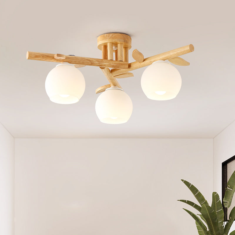 Holzzweig halb Flush Beleuchtung moderner 3/5-Kopf-Beige Flushmount Lampe mit Kugel Milch weißer Glasschatten
