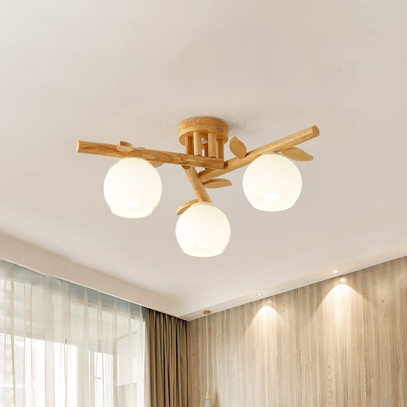 Holzzweig halb Flush Beleuchtung moderner 3/5-Kopf-Beige Flushmount Lampe mit Kugel Milch weißer Glasschatten