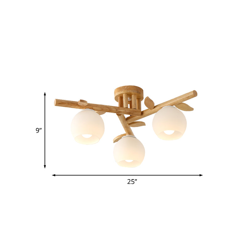 Holzzweig halb Flush Beleuchtung moderner 3/5-Kopf-Beige Flushmount Lampe mit Kugel Milch weißer Glasschatten