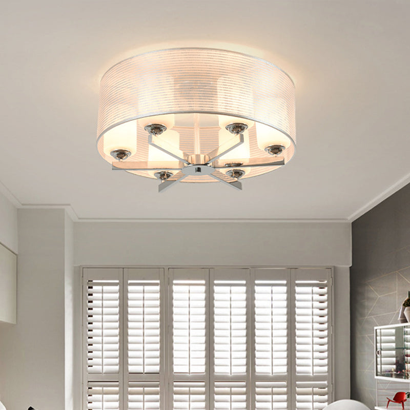 Drum Semi Flush Mount Lighting Minimalist White Glass 6 Lights Chrome Flush Lamp Fixture with Tube Shade