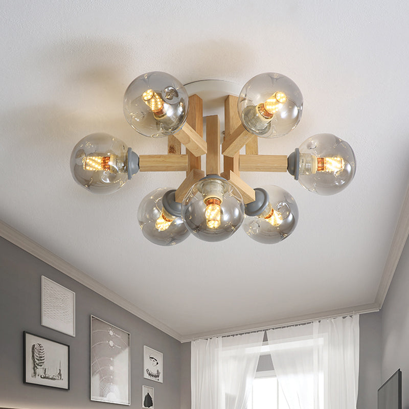 Modernisme Globe Semi-inbouwlamp Rookgrijs Glas 5/7 lampen Slaapkamer Plafondgemonteerde lamp met gebogen houten arm